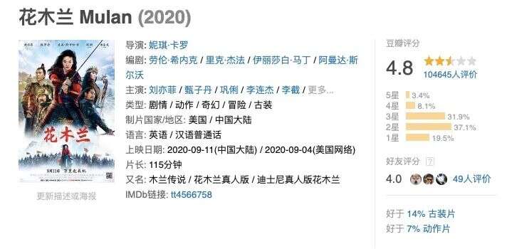 迪士尼电影《花木兰》口碑扑街,网友想向张艺谋和赵薇道歉