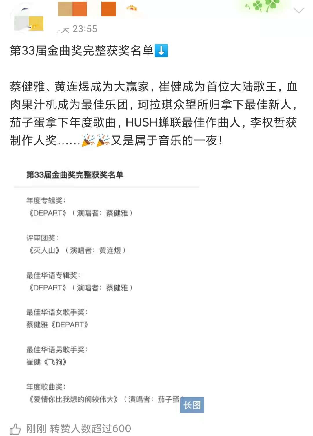 金曲奖结果揭晓!崔健爆冷门成内地首位金曲歌王,蔡健雅四封歌后